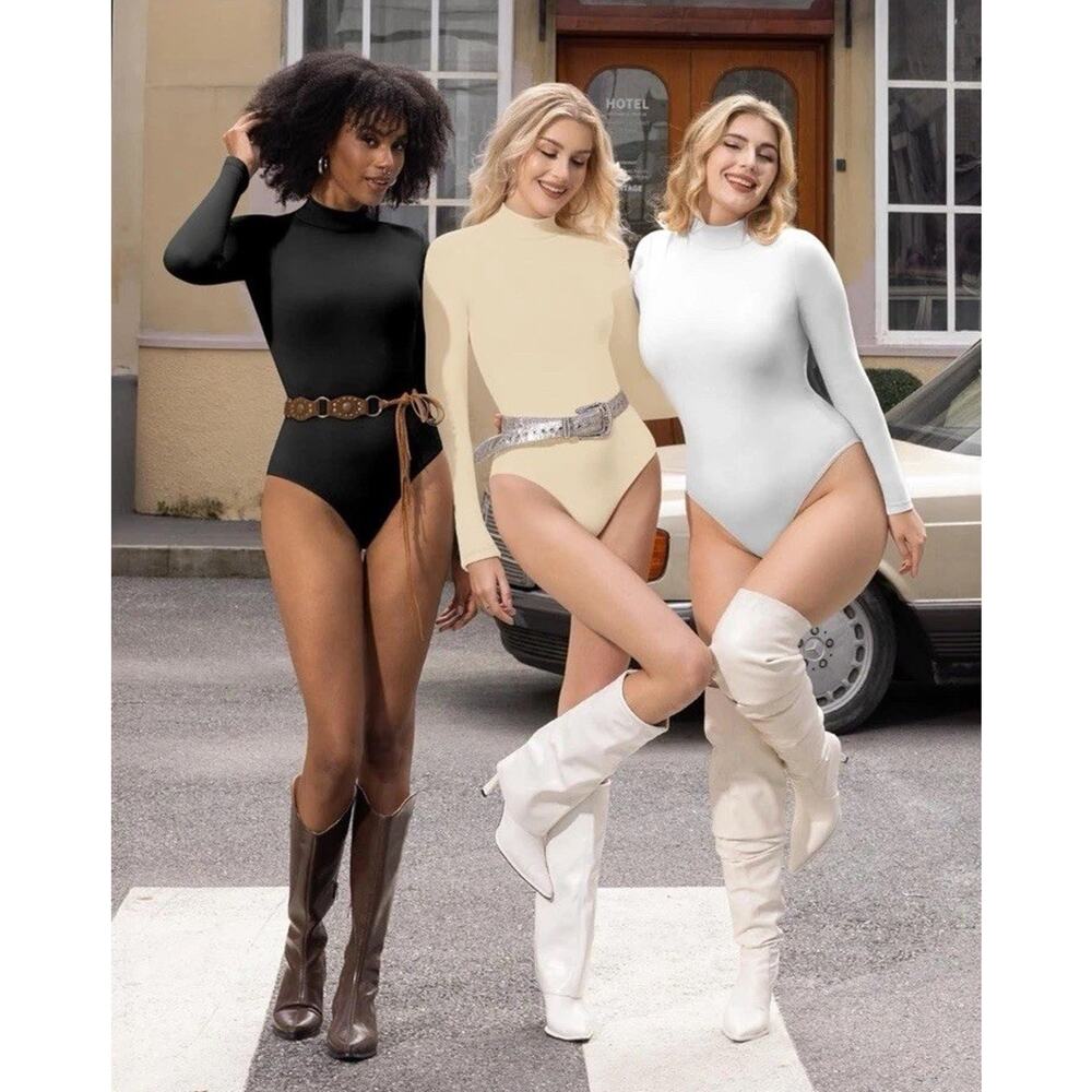 MANGOPOP Mock Turtleneck Long Sleeve Bodysuit THONG Shapewear Ribbed Size XL New - Picture 7 of 7